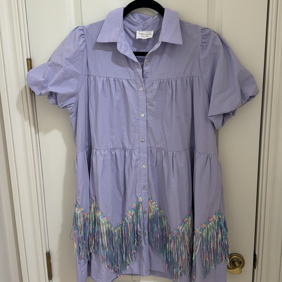 Small Lilac button down tee shirt dress with sequins. - Picture 3 of 5